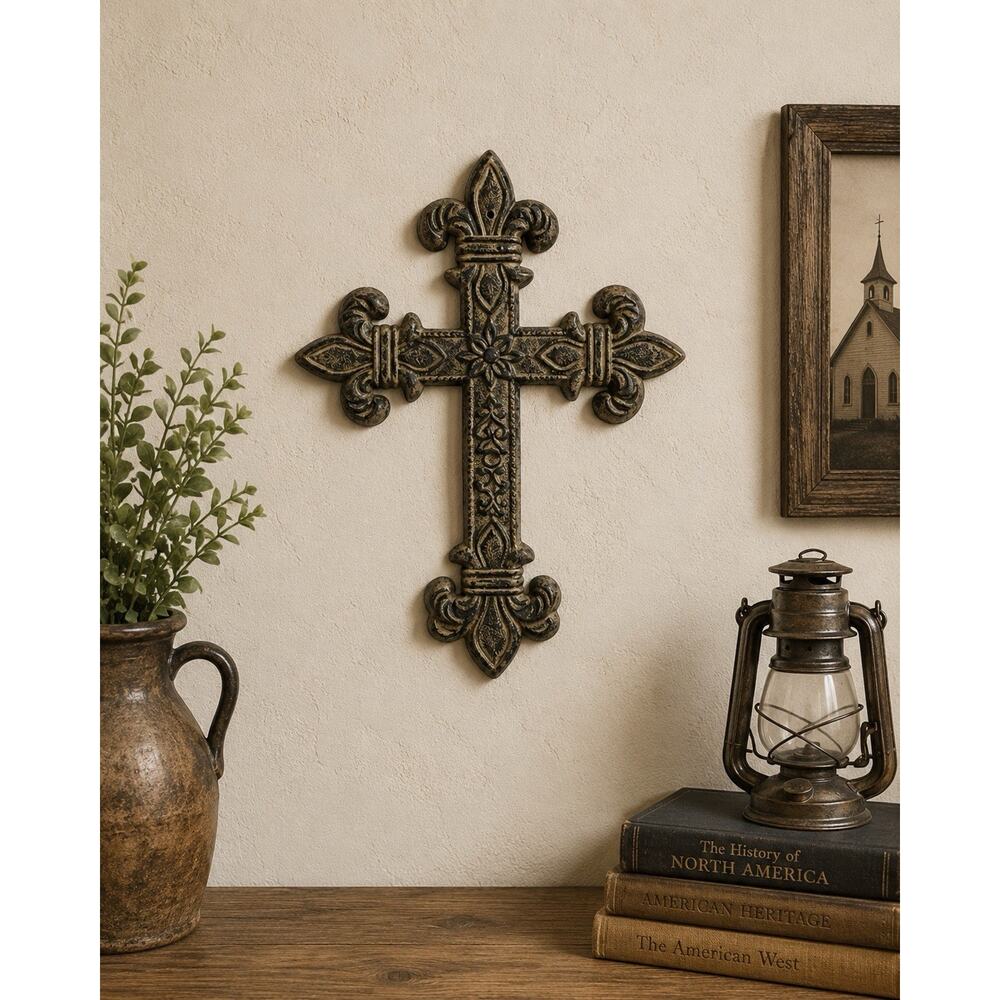 Cast Iron Fleur De Lis Wall Cross Rustic Religious Decor Brown Distressed 12” - Picture 2 of 7